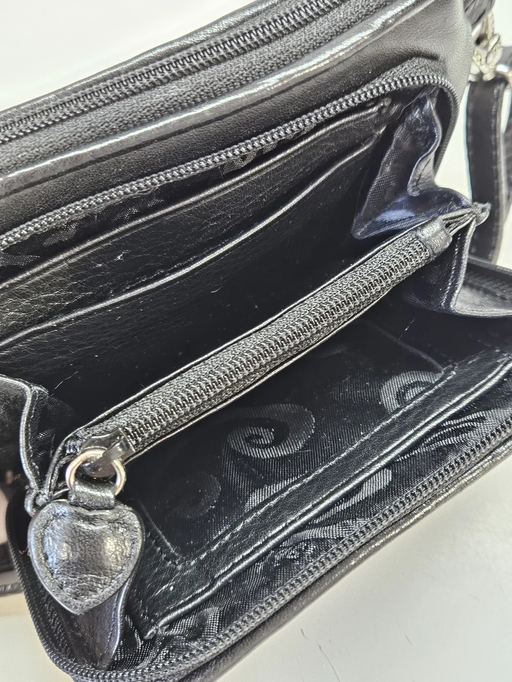 Brighton Mini Black Leather Silver Tone Hearts Crossbody Purse Bag